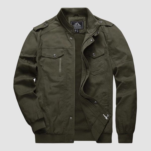 Men's Cotton Cargo Jackets Stand Collar Lightweight Tactical Jacket Windbreaker 4 Pockets