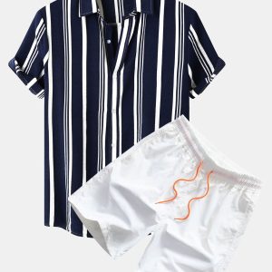 a58fac7784d3ec40e0aa09267d71f6642e35b1e0328b635bed86f4406fd1a9ea.jpg Stripe Print Button Up Shirt & Swim Shorts