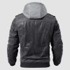 a8a68e1f8c2f6f4565d6077ef7186b1e8aae374e3aa5e8c5cb2bd74de00eb0b8.jpg Men's Stand Collar PU Faux Leather Jacket 6 Pockets Motorcycle Bomber Fall Winter Jacket with a Removable Hood