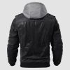 bc95ecf093989e94afb0a7ec9e0601e968d2cb3c48bfd3514f81e8ff294276ed.jpg Men's Stand Collar PU Faux Leather Jacket 6 Pockets Motorcycle Bomber Fall Winter Jacket with a Removable Hood