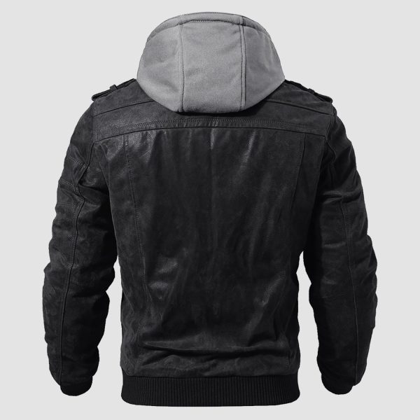 bc95ecf093989e94afb0a7ec9e0601e968d2cb3c48bfd3514f81e8ff294276ed.jpg Men's Stand Collar PU Faux Leather Jacket 6 Pockets Motorcycle Bomber Fall Winter Jacket with a Removable Hood