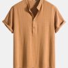 be1e66f1b951476a1df25dfadd62c32d37b47c908ee390f26bd07a234b30f3f1.jpg Linen Blend Striped Half Open Placket Henley Collar Shirt & Straight Leg Linen Pants