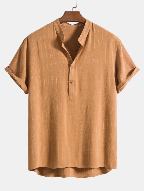 be1e66f1b951476a1df25dfadd62c32d37b47c908ee390f26bd07a234b30f3f1.jpg Linen Blend Striped Half Open Placket Henley Collar Shirt & Straight Leg Linen Pants