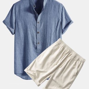 c0225181c6a315e96ab36f279012a1f49a8a7620d9612976da9465ee40d86180.jpg Short Sleeve Half Button Fly Henley Collar Shirt & Linen Cotton Blend 11" Shorts