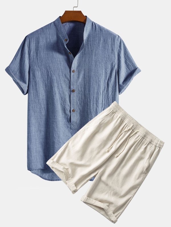 c0225181c6a315e96ab36f279012a1f49a8a7620d9612976da9465ee40d86180.jpg Short Sleeve Half Button Fly Henley Collar Shirt & Linen Cotton Blend 11" Shorts