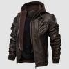 c05af030649aebfe630f7e6307912f4fa0535451c0e92441ef86e8f9daa50240.jpg Men's Stand Collar PU Faux Leather Jacket 6 Pockets Motorcycle Bomber Fall Winter Jacket with a Removable Hood