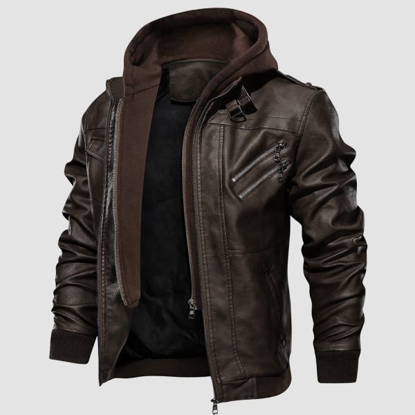c05af030649aebfe630f7e6307912f4fa0535451c0e92441ef86e8f9daa50240.jpg Men's Stand Collar PU Faux Leather Jacket 6 Pockets Motorcycle Bomber Fall Winter Jacket with a Removable Hood