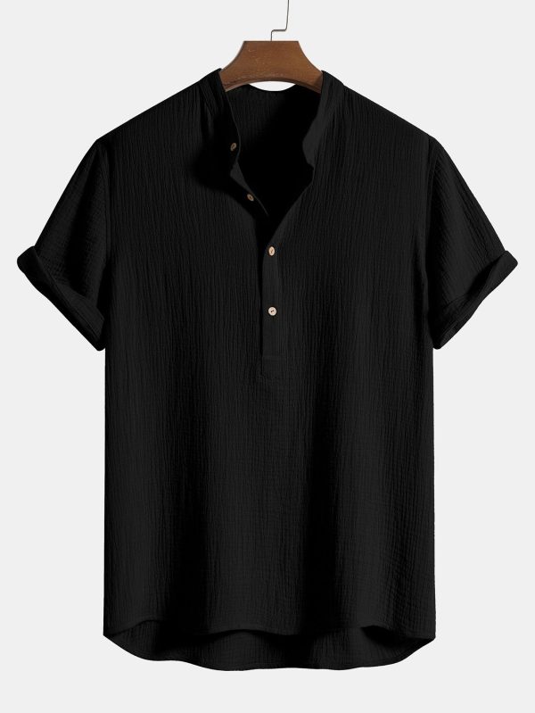c88ef0094be480c98b5e0324dd5ac661bdf65bd3d5fea92f22941a85277812cb.jpg Wrinkled Cotton Half Open Placket Henley Collar Shirt & Straight Leg Linen Pants