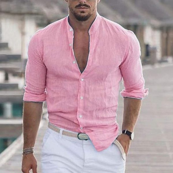 c970f044092b9284703258c6046d79036cd1907c480bb85822214c5535fc5ae5.jpg Men's Linen Solid Color Casual Stand Collar Long Sleeve Shirt