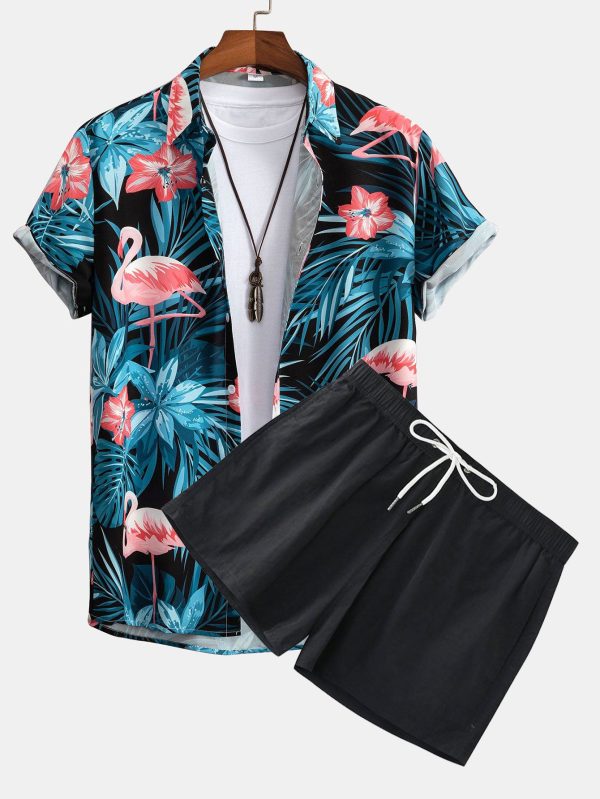 d0142ce15930d3e867aed3b0aca301c75bc08932fbe1f9800e02cb919c9ddf05.jpg Flamingo Tropical Print Button Up Shirt & Short Length Swim Shorts