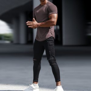 dff00ed219fc071502179f604068be6736fb4f29e2238cc7b71f92e523022103.jpg Men's Casual Basic Solid Color Breathable Thin Bottoming Shirt Sports Fitness Slim Short-sleeved T-shirt