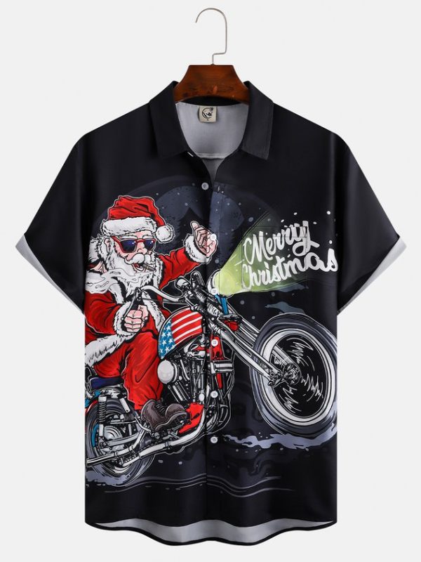 e496bbe260d134faffdaac00f67bdba652275f8cb1f9a94eabfca20d43340cb7.jpg Men's Santa Print Casual Short Sleeve Shirt with Breast Pocket