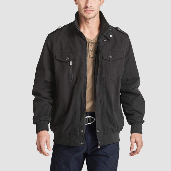 Men's Cotton Cargo Jackets Stand Collar Lightweight Tactical Jacket Windbreaker 4 Pockets