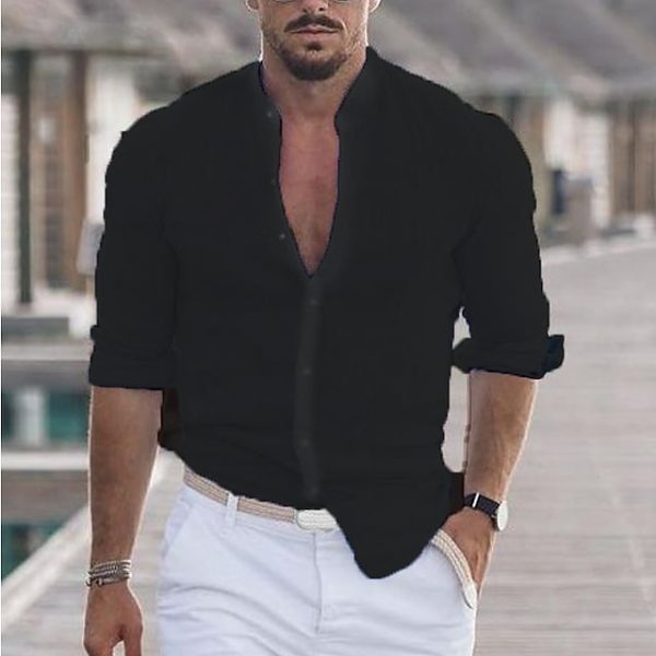 e5a3162919b66a96ff959e58c848f515e5ef7079e47b7721815a4b9f8184c1df.jpg Men's Linen Solid Color Casual Stand Collar Long Sleeve Shirt