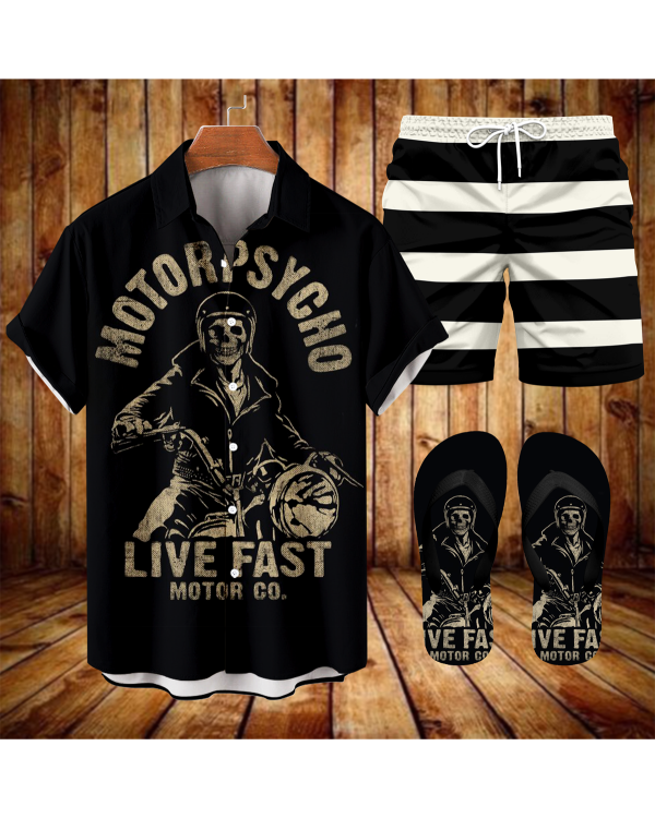 Suitmens Men's Modified Motorcycle Print Shirt Three-Piece Set 065