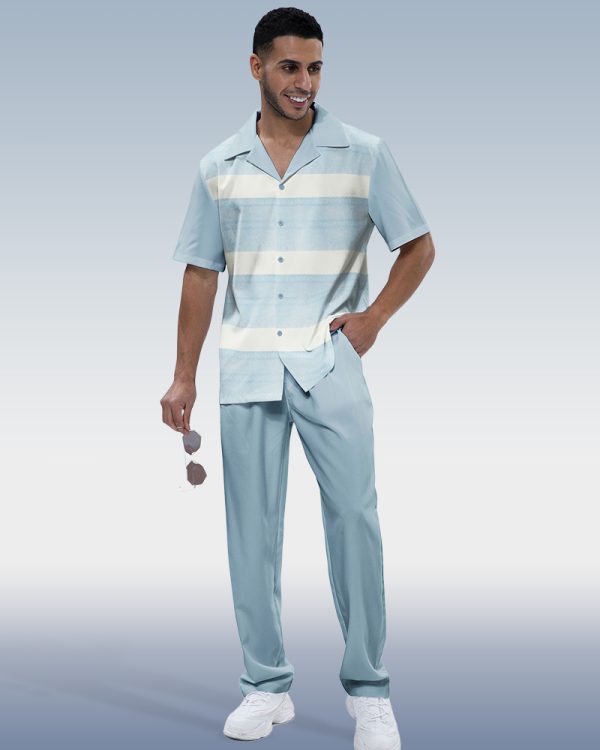 f87fb5adf57f5a47bd79238a010e1ba520e27385fd2d910c06778f3a90f814b7.jpg Blue Textured Two-Piece Short Sleeve Printed Walking Set