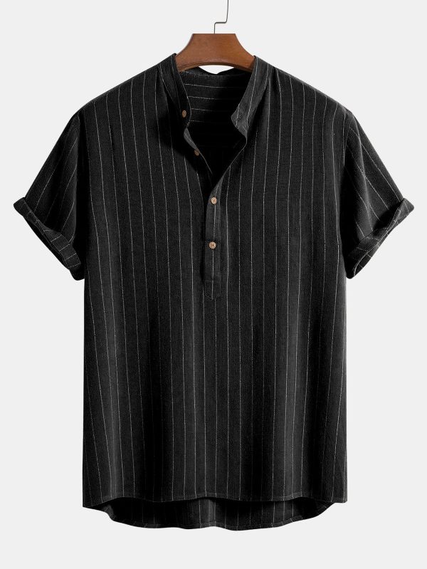 fb441ddce173a145257ccbc8d5208a0ef75312ac05473307b1bfe5d23b91c816.jpg Linen Blend Striped Half Open Placket Henley Collar Shirt & Straight Leg Linen Pants