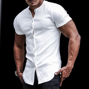 fe046be211c0ecf78833e8574ff09f7ee1e70a30430d57692685c9b8ceacb88e.jpg Men's Casual Slim Solid Color Short Sleeve Shirt Outdoor Fitness Sports Running Pure Cotton Stand Collar Cardigan