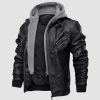 fe49fe1f694df18601ca61cbb31267522adf9be4df3660f4ec43d0da65d74690.jpg Men's Stand Collar PU Faux Leather Jacket 6 Pockets Motorcycle Bomber Fall Winter Jacket with a Removable Hood