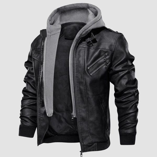 fe49fe1f694df18601ca61cbb31267522adf9be4df3660f4ec43d0da65d74690.jpg Men's Stand Collar PU Faux Leather Jacket 6 Pockets Motorcycle Bomber Fall Winter Jacket with a Removable Hood